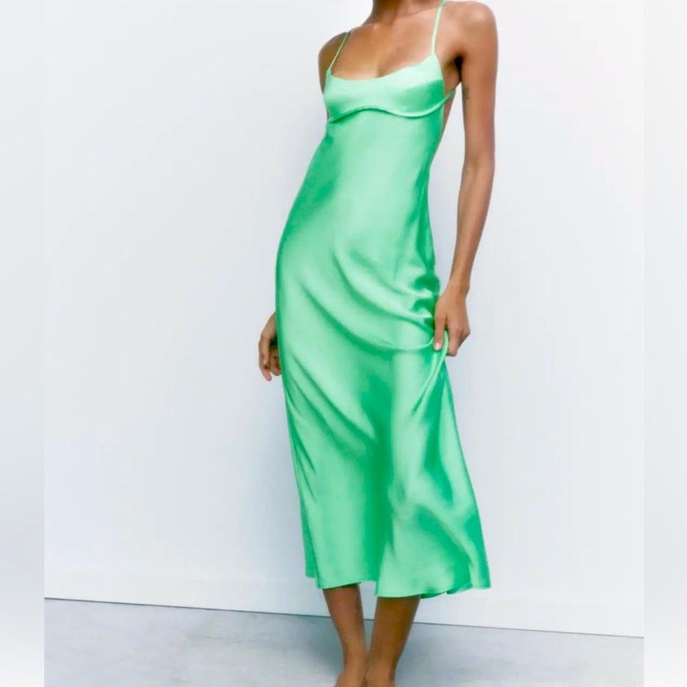 Zara satin slip dress in green